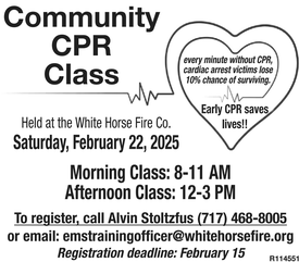 Community CPR Classes on Saturday, February 22, 2024, at 8-11 AM and 12-3 PM